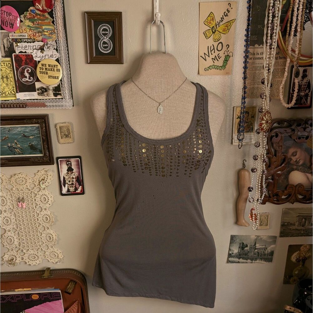Sequin Asymmetrical Tank Top Women's Medium Gray Gold Y2K Grunge Distressed